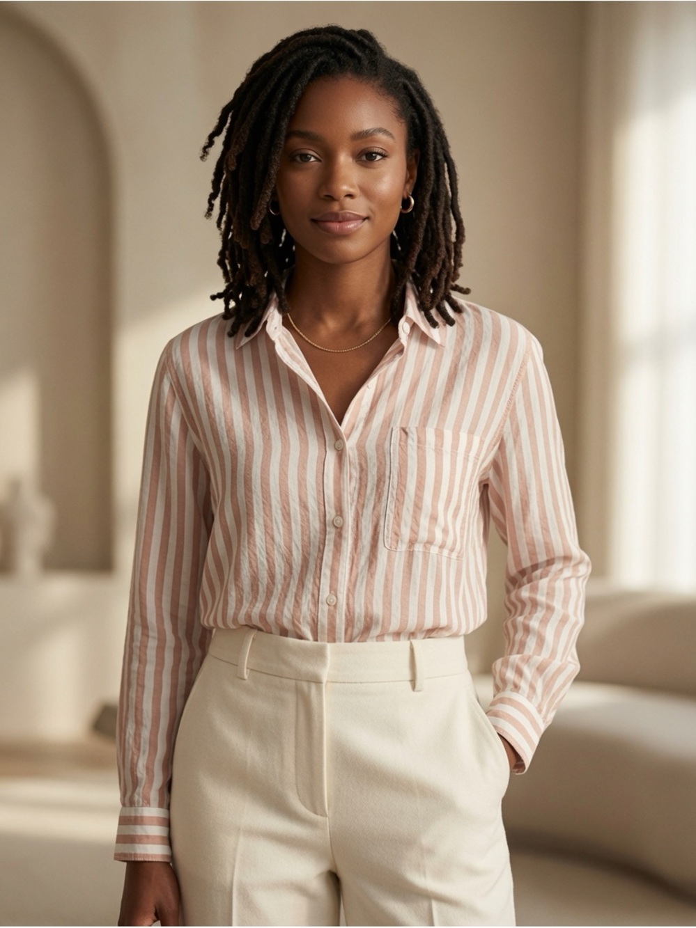 Philosophy Peach & White Striped Button-Down Shirt Size S